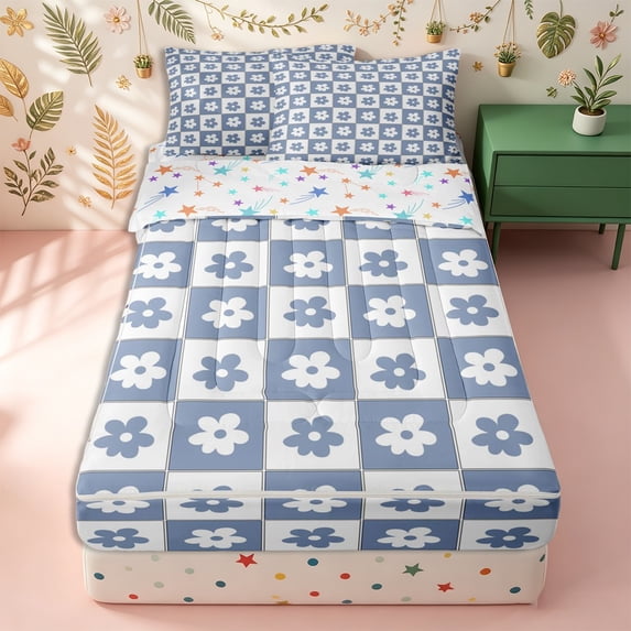 Erosebridal Gentle Daisy Flower Pattern Zipper Full Size Comforter Sets with Fitted Sheet and 2 Pillowcases,Checker Square Print Zipper Bedding Set,Dusty Blue White,Reversible