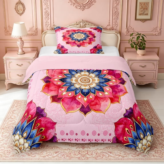 Erosebridal Geometric Art Twin Comforter Sets,Elegant Paisley Feather Bedding Set,2pcs,1 Comforter and 1 Pillowcase,Pink Reversible