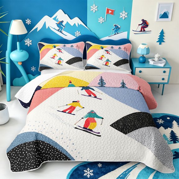 Erosebridal Geometric Art Twin Quilt Set,Cute Mountain Ski Twin Coverlet Set,2-Piece,1 Bedspread and 1 Pillowcase