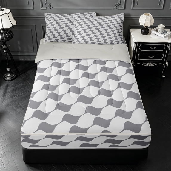 Erosebridal Geometric Art Wave Zipper Queen Comforter Set with Fitted Sheet and 2 Pillowcases,Gray Curved Line Zipper Bedding Set For Boys,Light Gray Reversible,4 Pieces