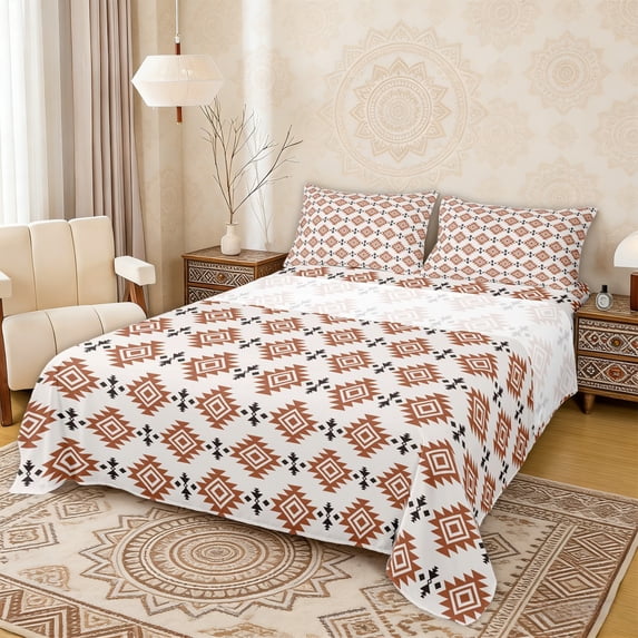 Erosebridal Geometric Aztec Full Size Sheets, Bohemian Hippie Farmhouse Bed Sheets, Brown, 4pcs 1 Flat Sheet, 1 Fitted Sheet and 2 Pillowcases