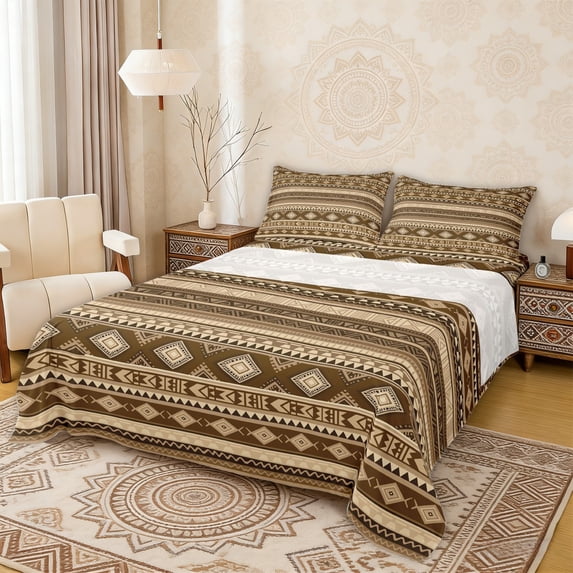 Erosebridal Geometric Aztec Full Size Sheets, Brown Bed Sheets, 4pcs 1 Flat Sheet, 1 Fitted Sheet and 2 Pillowcases