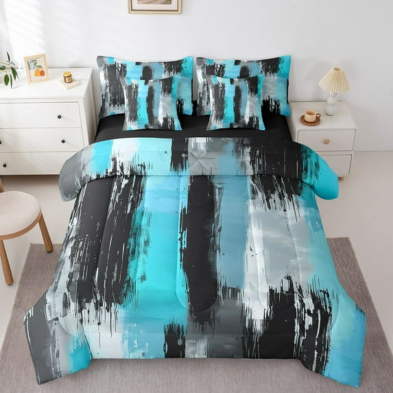 Erosebridal Geometric Bedding Sets Queen Size, Bule Black Bedding Accessories, Futuristic Abstract Decor, Reversible 7pcs