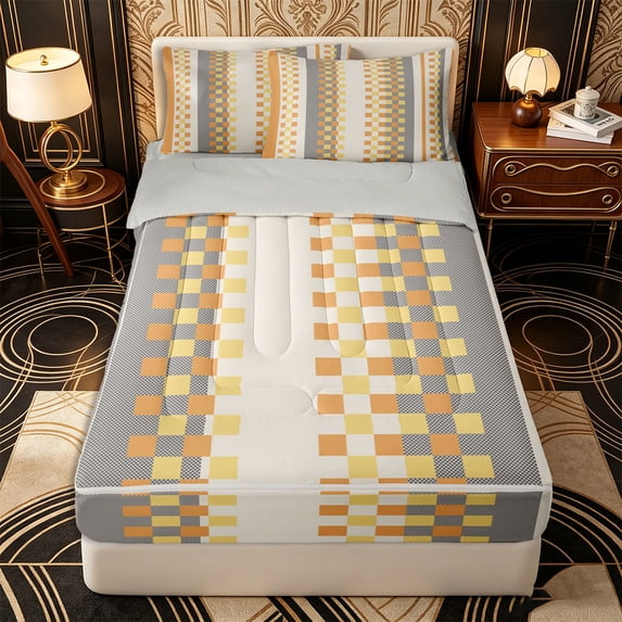 Erosebridal Geometric Block Pattern Zipper Queen Comforter Set with Fitted Sheet and 2 Pillowcases,Halftone Stripe Print Zipper Bedding Set,Orange Yellow White,Grey Reversible
