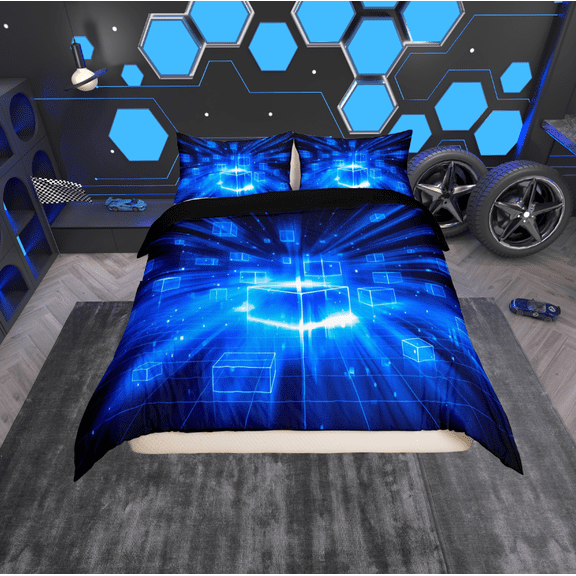 Erosebridal Geometric Buffalo Comforter Cover Twin,Black Blue Bedding Twin Size,Futuristic Cubes Duvet Cover Twin,Microfiber Plaid Room Decoration,Reversible,2-Piece(No Comforter)