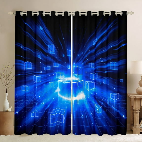 Erosebridal Geometric Buffalo Curtains and Drapes (38Wx54L),Black Blue 30%-50% Blackout Curtains for Bedroom,Futuristic Cubes Curtains Pack of 2 (38Wx54L),Plaid Room Decoration