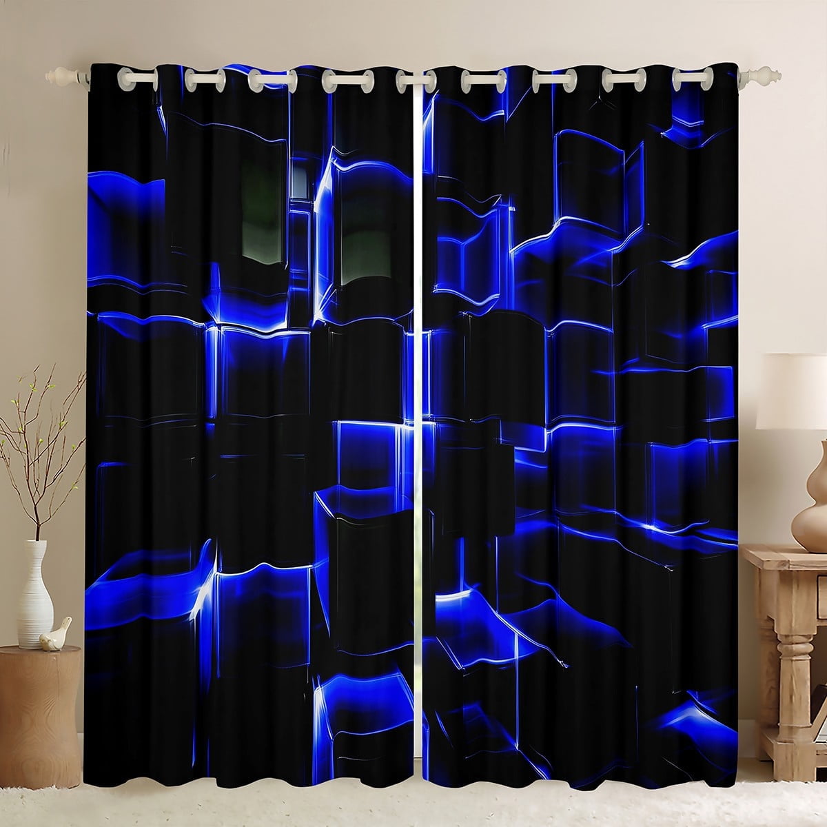Erosebridal Geometric Buffalo Curtains and Drapes (38Wx54L),Black Blue 30%-50% Blackout Curtains for Bedroom,Curtains for Living Room,Plaid Decor