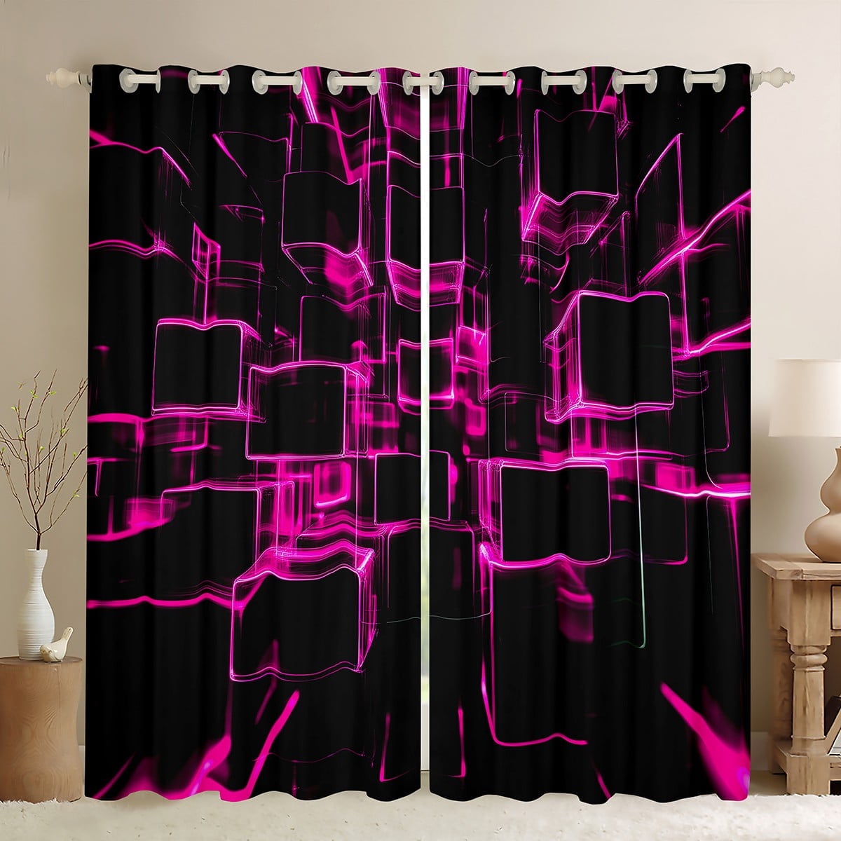 Erosebridal Geometric Buffalo Curtains and Drapes (38Wx54L),Black Pink 30%-50% Blackout Curtains for Bedroom,Curtains for Living Room,Plaid Decor