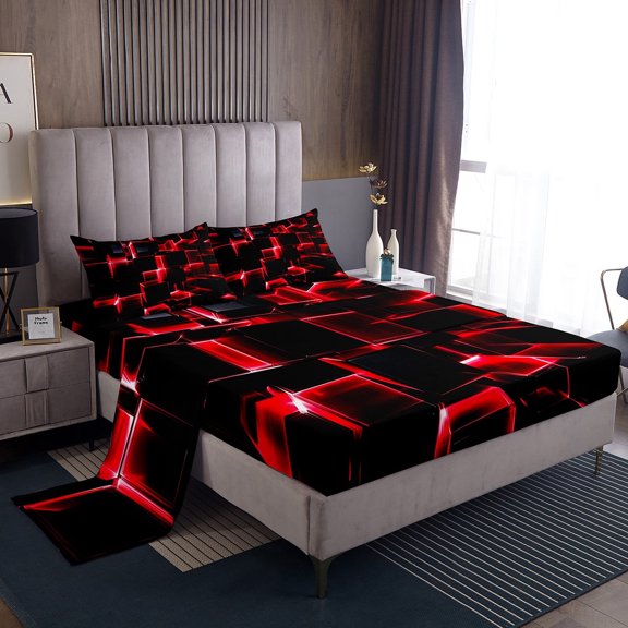 Erosebridal Geometric Buffalo Sheet Set Twin,Black Red Bedding Sets Twin Size,Breathable Bed Sheets Twin,Plaid Decor,3pcs
