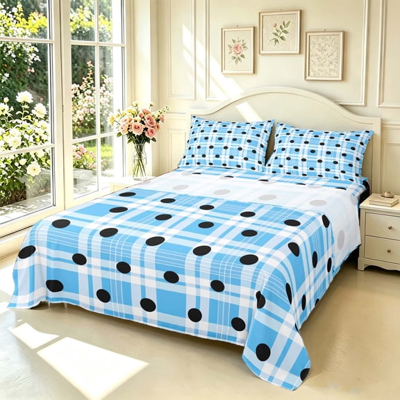 Erosebridal Geometric Check King Sheets,Minimalism Polka Dot Bedding,Blue Black,4-Piece,1 Flat Sheet,1 Fitted Sheet and 2 Pillowcases