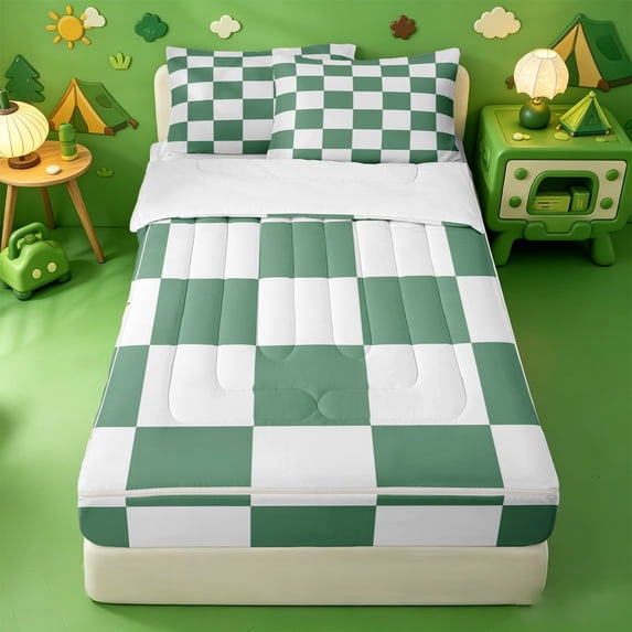 Erosebridal Geometric Check Print Zipper Twin Comforter Sets with Fitted Sheet and 2 Pillowcases,Green Gingham Zipper Bedding Set For Boys,4 Pieces