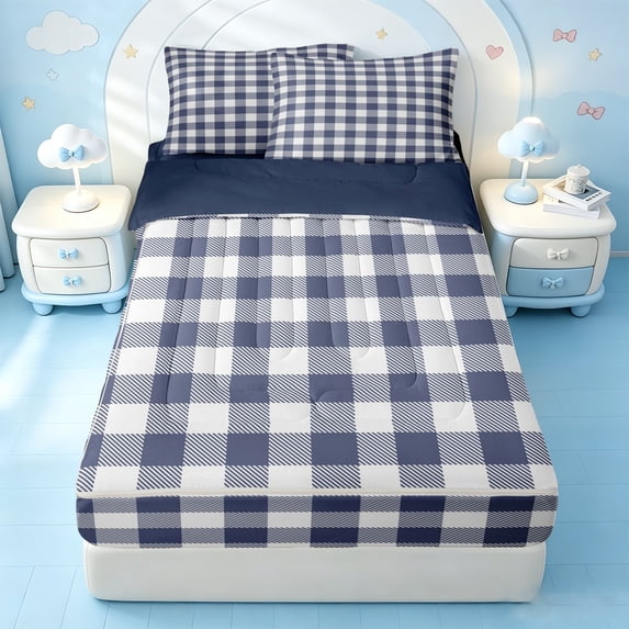 Erosebridal Geometric Check Zipper Queen Comforter Set with Fitted Sheet and 2 Pillowcases,Minimalist Style Gingham Zipper Bedding Set For Boys,Navy Blue Reversible,4-Piece
