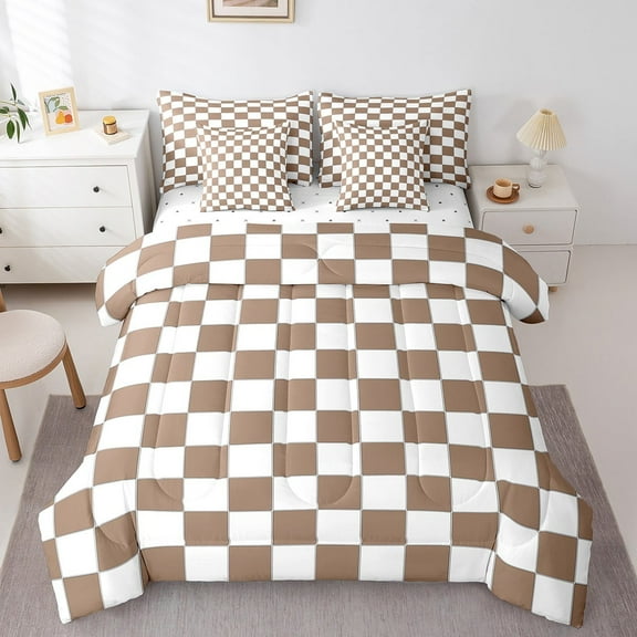 Erosebridal Geometric Checkered Full Bed In A Bag 7 Piece White Khaki Checkerboard Grid Bedding Set,Buffalo Plaid Gingham Comforter Set With Sheet Adults Men Geometrical Bed Set