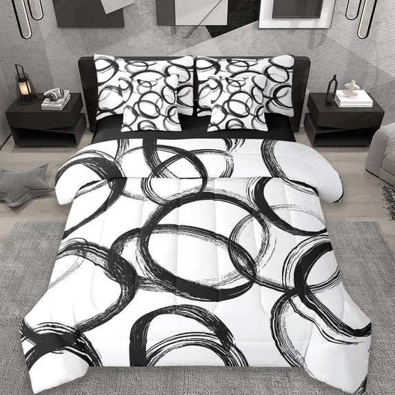 Erosebridal Geometric Circle Pattern 7-Piece Twin Bedding Sets,Modern Stripe Neutral Art Bedding Comforter Set,White And Black,Reversible