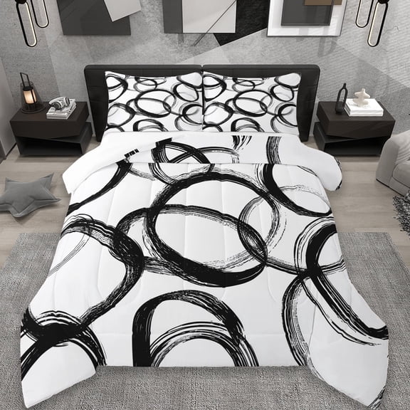 Erosebridal Geometric Circle Pattern Queen Comforter Set,Modern Stripe Neutral Art Bedding Comforter Set,White And Black 3-Piece