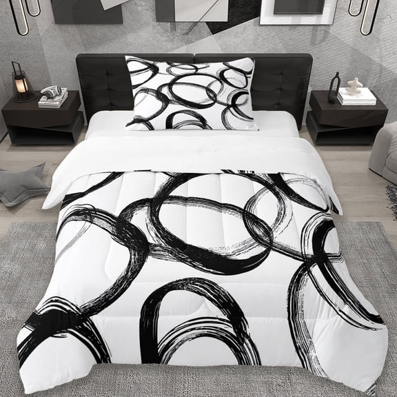Erosebridal Geometric Circle Pattern Twin Comforter Sets,Modern Stripe Neutral Art Bedding Set,White And Black 2 Pieces