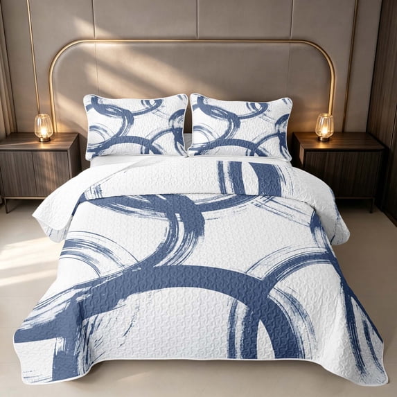 Erosebridal Geometric Circle Quilt King, Abstract Swirl Line King Coverlet Set, Blue White, Navy Reversible 3pcs 1 Bedspread and 2 Pillowcases