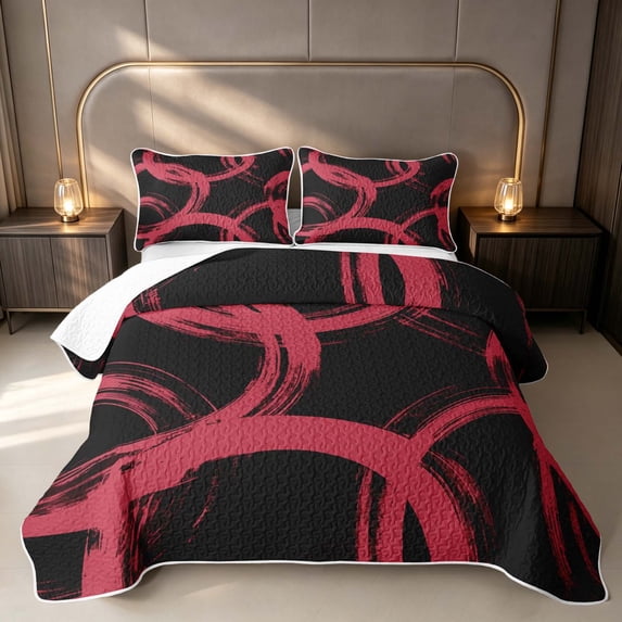 Erosebridal Geometric Circle Quilt King, Abstract Swirl Line King Coverlet Set, Red Black, Black Reversible 3 Pieces 1 Bedspread and 2 Pillowcases