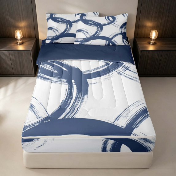 Erosebridal Geometric Circle Zipper Queen Comforter Set with Fitted Sheet and 2 Pillowcases, Abstract Swirl Line Zipper Bedding Set, Blue White, Navy Reversible
