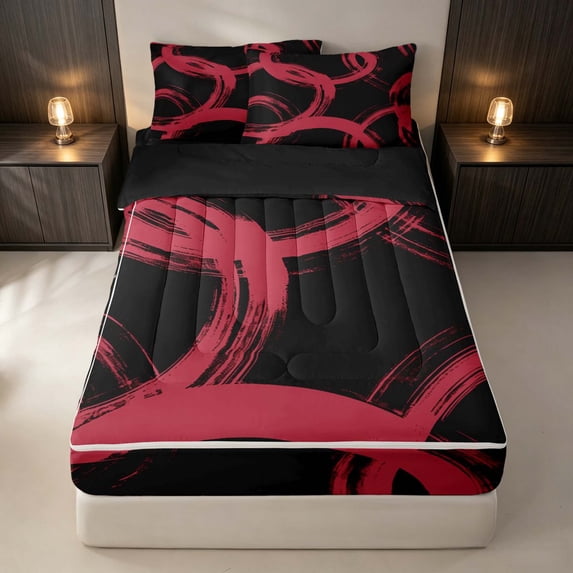 Erosebridal Geometric Circle Zipper Queen Comforter Set with Fitted Sheet and 2 Pillowcases, Abstract Swirl Line Zipper Bedding Set, Red Black, Black Reversible