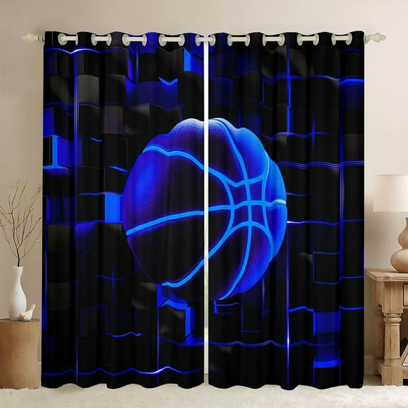 Erosebridal Geometric Geometry Checkered Curtains for Living Room,Basketball Game BlackoutCurtains Set of 2(38x54),Black Blue Curtains and Drapes(38x54) For Youth,Super Cozy Room Decoration