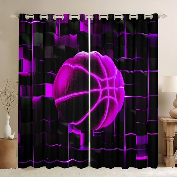 Erosebridal Geometric Geometry Checkered Curtains Pack of 2 (52x63),Basketball Game Black Out Curtains,Black Pink Curtains for Living Room For Youth,Super Cozy Room Decoration