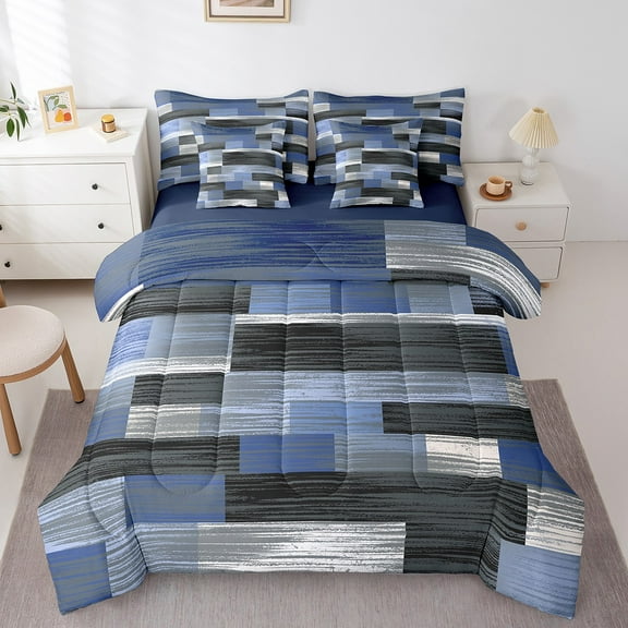Erosebridal Geometric Grid Bed in a Bag King Size,Minimalist Geometry Art Bed Set,Blue Black Ombre Bedding King Size,Breathable Room Decor Reversible,7 Pieces