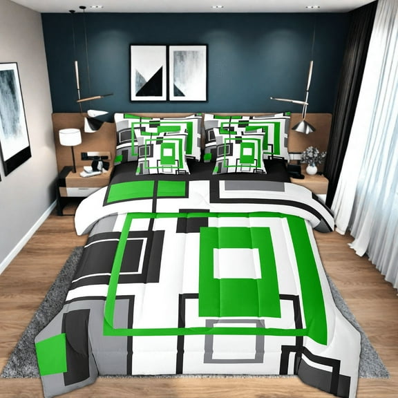 Erosebridal Geometric Grids Queen Size Bedding Set 7 Piece Black White Lime Green Grey Bed In A Bag Abstract Geometry Square Stripes Comforter Set Teen Soft Lightweight Bed Set