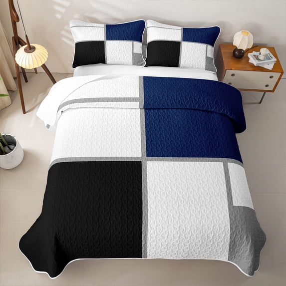 Erosebridal Geometric Grids Quilt Full,Navy Solid Blocks Full Bedspread Sets For Boys,3pcs