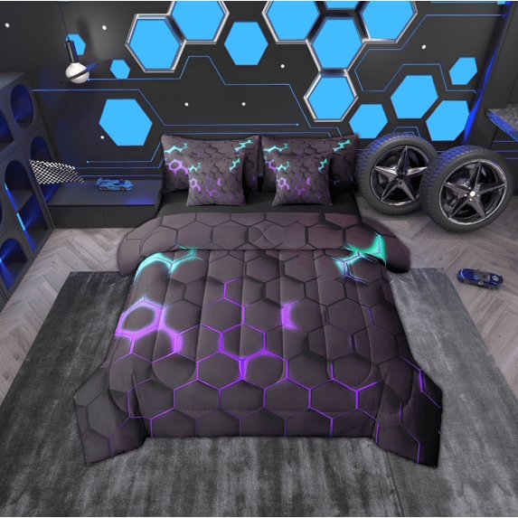 Erosebridal Geometric Honeycomb Bed in a Bag Full Size, Gradient Purple Blue Hexagon Bed Set, Reversible 7-Piece