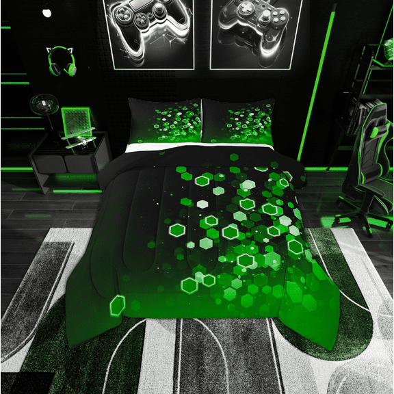 Erosebridal Geometric Honeycomb Bedding Twin Comforter Set,Black Green Down Comforter,Gradient Hexagon Bedding Sets Twin With Comforter,Microfiber Ombre Bedroom Decorative,Reversible,2-Piece