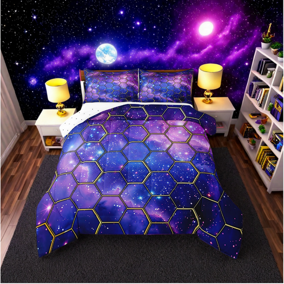Erosebridal Geometric Honeycomb Bedding Twin Comforter Set,Outer Space Starry Sky Down Comforter,Mystic Cosmos Decor,Reversible,Lightweight,2-Piece