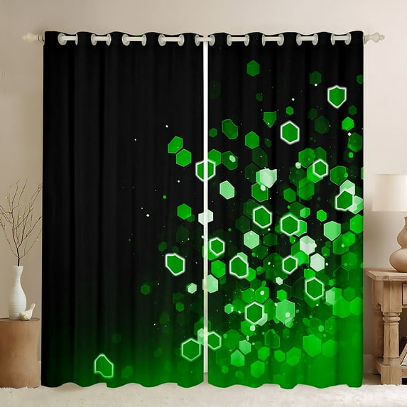 Erosebridal Geometric Honeycomb Curtains Pack of 2 (52Wx63L),Black Green 30%-50% Blackout Curtains Set of 2 (52Wx63L),Gradient Hexagon Curtains for Living Room,Ombre Bedroom Decorative
