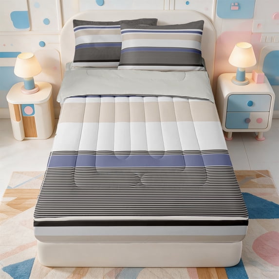 Erosebridal Geometric Line Pattern Zipper Twin Comforter Sets with Fitted Sheet and 2 Pillowcases,Boho Striped Zipper Bedding Set,Light Gray Reversible,4pcs
