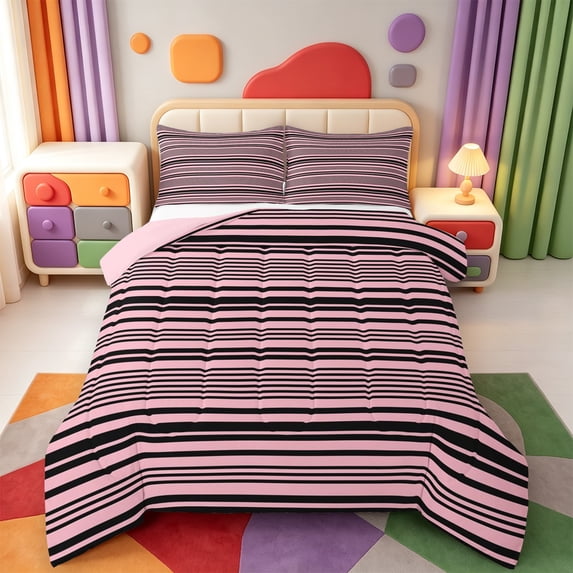 Erosebridal Geometric Lines Pattern Queen Comforter Set,Abstract Striped Comforter Sets Queen,Pink Reversible,3pcs,1 Comforter and 2 Pillowcases
