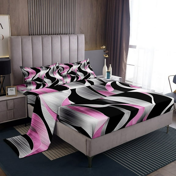 Erosebridal Geometric Lines Sheet Set Twin,Spiral Swirl Bedding Sets Twin Size,Black Pink Twin Sheet Sets,Ultra Soft Abstract Room Decorative,3pcs