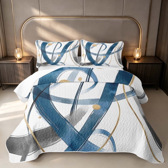 Erosebridal Geometric Lines Twin Quilt Set, White Blue Twin Coverlet Set, Navy Reversible 2 Pieces 1 Bedspread and 1 Pillowcase