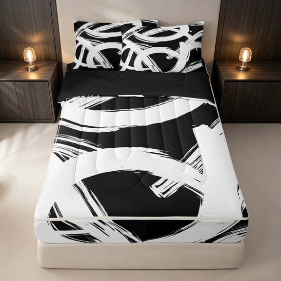 Erosebridal Geometric Lines Zipper Full Size Comforter Sets with Fitted Sheet and 2 Pillowcases, Black White Zipper Bedding Set, Black Reversible