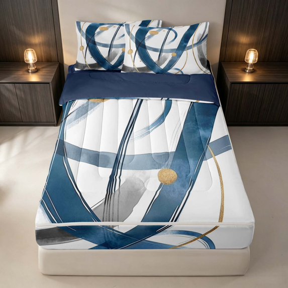 Erosebridal Geometric Lines Zipper Queen Comforter Set with Fitted Sheet and 2 Pillowcases, White Blue Zipper Bedding Set, Navy Reversible