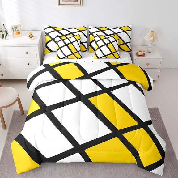 Erosebridal Geometric Plaid Bedding Sets Twin Size,Modern Abstract Art Comforter Sets with Sheets,Yellow White Bed in a Bag Twin Size,Super Cozy Bedroom Decoration Reversible,7-Piece