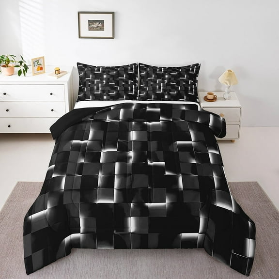 Erosebridal Geometric Plaid Bedding Twin Comforter Set,Black White Down Comforter,Futuristic Cubes Bedding Sets Twin with Comforter,Super Cozy Neon Bedroom Decoration,Reversible,3pcs