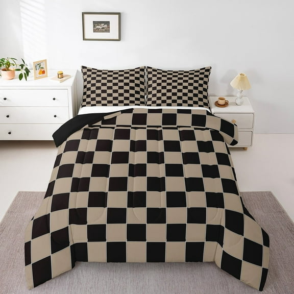 Erosebridal Geometric Plaid Comforter Set Twin Beige Black Brown Checkerboard Quilt Set Checkered Grid Bedding Set Men,Modern Aesthetic Duvet Set Room Decor 2 Pcs