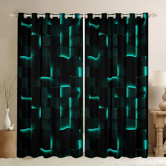 Erosebridal Geometric Plaid Curtains for Living Room,Black Teal Blackout Curtains Set of 2 (38x45),Futuristic Cubes Curtains and Drapes (38x45),Neon Bedroom Decoration