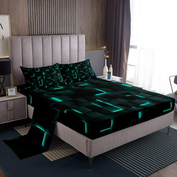 Erosebridal Geometric Plaid Full Sheet Sets,Black Teal Bedding Full Size,Futuristic Cubes Bed Sheets Set Full Size,Super Cozy Neon Bedroom Decoration,4pcs