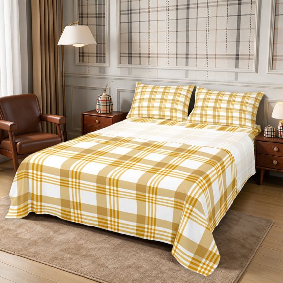 Erosebridal Geometric Plaid Queen Sheets 4 Pieces,Minimalist Checkered Queen Sheet Sets,Yellow,1 Flat Sheet, 1 Fitted Sheet and 2 Pillowcases