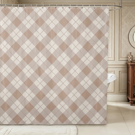 Erosebridal Geometric Plaid Shower Curtain 72Wx72L,Minimalist Checkered Bathroom Curtain,Beige