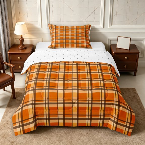 Erosebridal Geometric Plaid Twin Comforter Sets 2pcs,Minimalist Checkered Bedding Set,Orange,Reversible,1 Comforter and 1 Pillowcase
