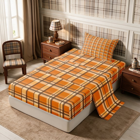 Erosebridal Geometric Plaid Twin Sheets 3pcs,Minimalist Checkered Bedding,Orange,1 Flat Sheet, 1 Fitted Sheet and 1 Pillowcase