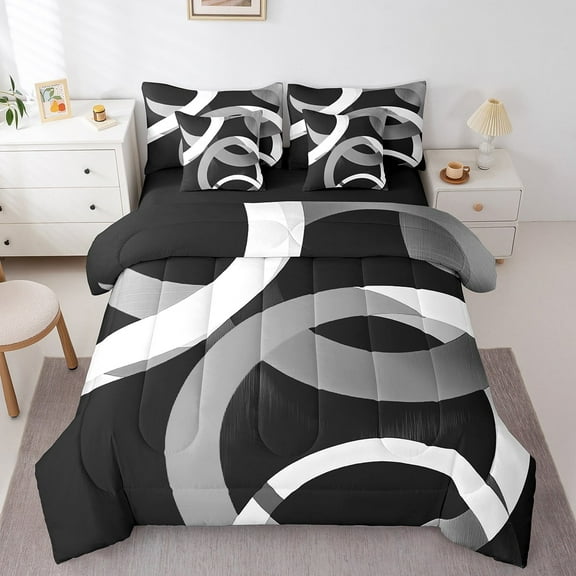 Erosebridal Geometric Round Bedding Sets Twin Size,Black Grey Comforter Sets with Sheets,Abstract Artwork Bed in a Bag Twin size,Lightweight Circle Room Decor,Reversible,7pcs