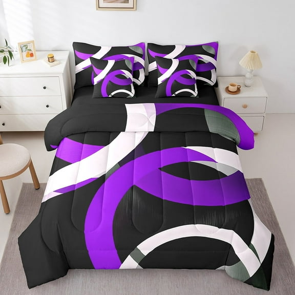 Erosebridal Geometric Round Bedding Sets Twin Size,Black Purple Comforter Sets with Sheets,Abstract Artwork Bed in a Bag Twin size,Lightweight Circle Room Decor,Reversible,7pcs